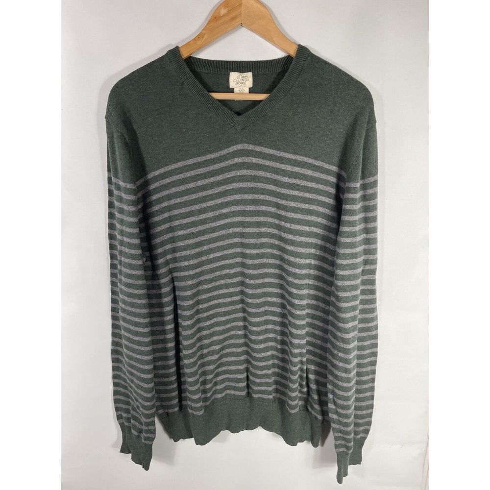 Bowen Wright Men's XL Green Gray‎ Striped V-Neck Sweater